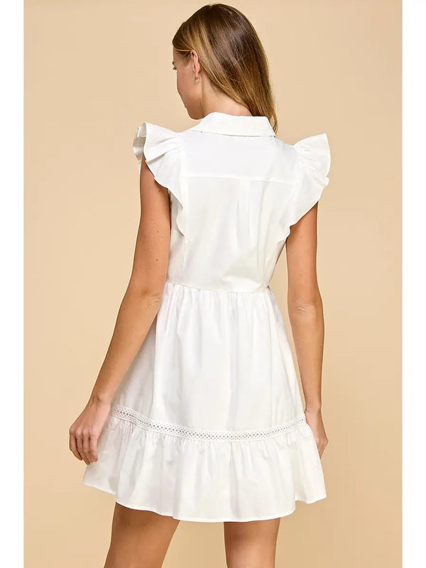 White Fit and Flare Button Up Ruffled Sleeves Dress