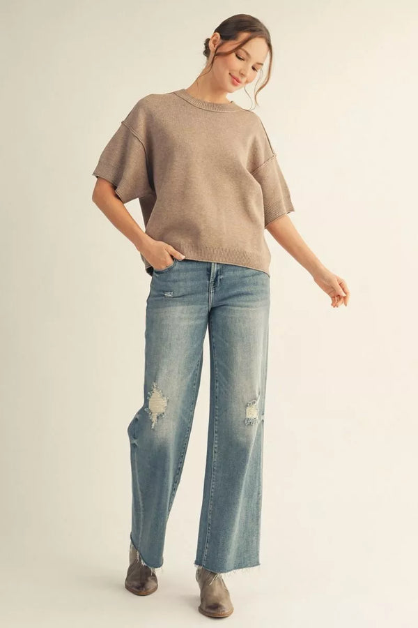 Mocha Drop Shoulder Comfy Sweater Top