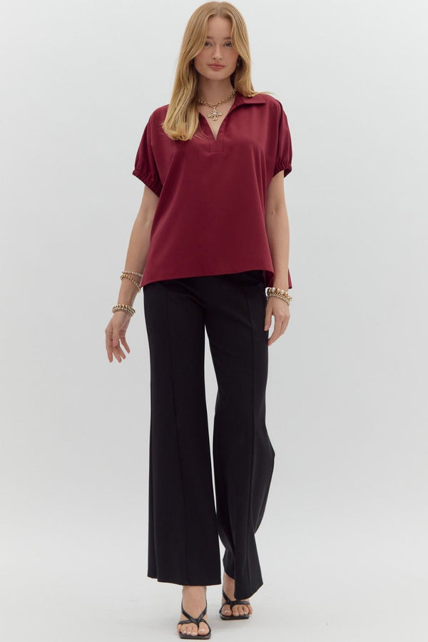 Solid Burgundy Short Sleeve Split Collar