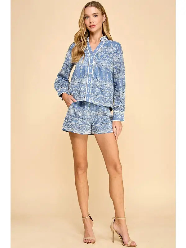 Embroidered Blue Eyelet Short with Belt