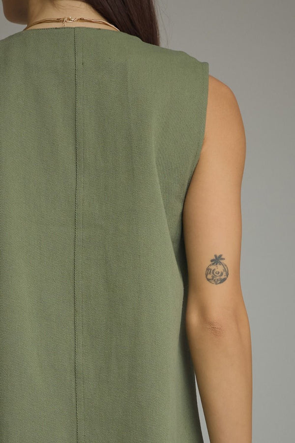 Olive Mini Dress Featuring Front Pockets With Metal Accent