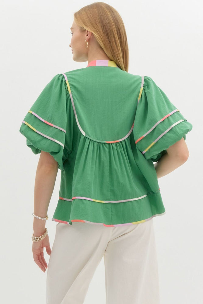 Green Multi Color Trim Puff Sleeve Top