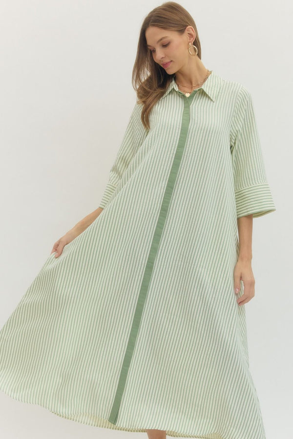 Sage Striped 3/4 Sleeve Midi Dress