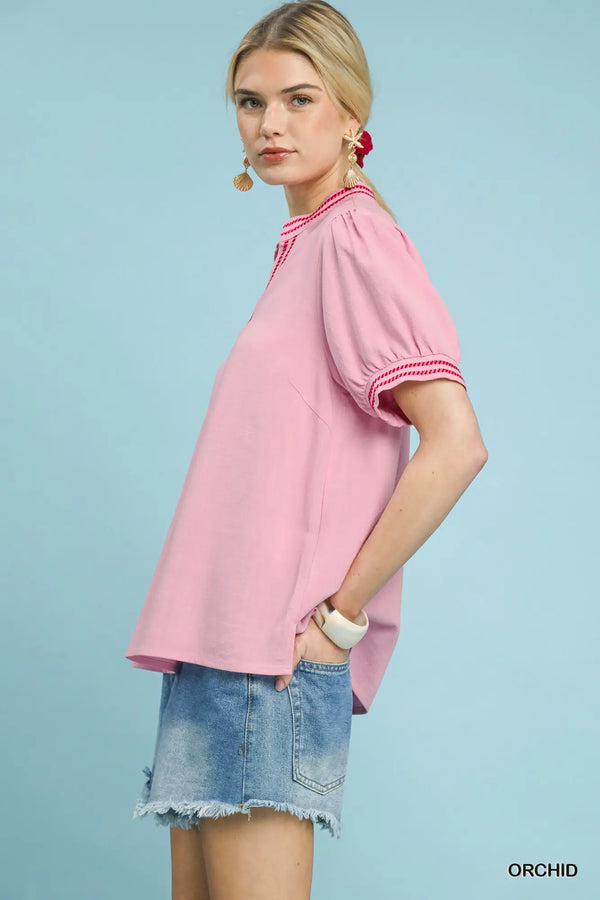Orchid Embroidery Linen Puff Sleeve Blouse