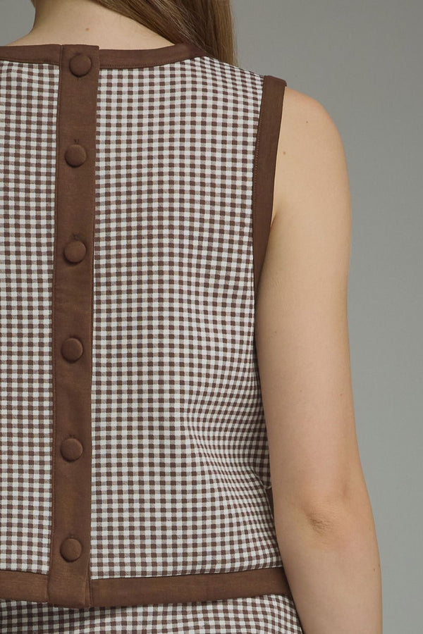 Brown Gingham Sleeveless Top Featuring Contrast Binding Detail