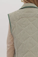 Striped Oversized Quilted Vest: Green