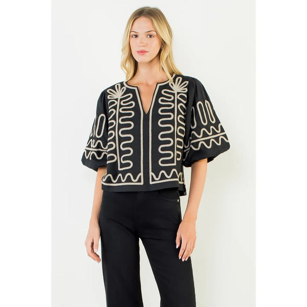 Black Puff Sleeve Embroidery Top