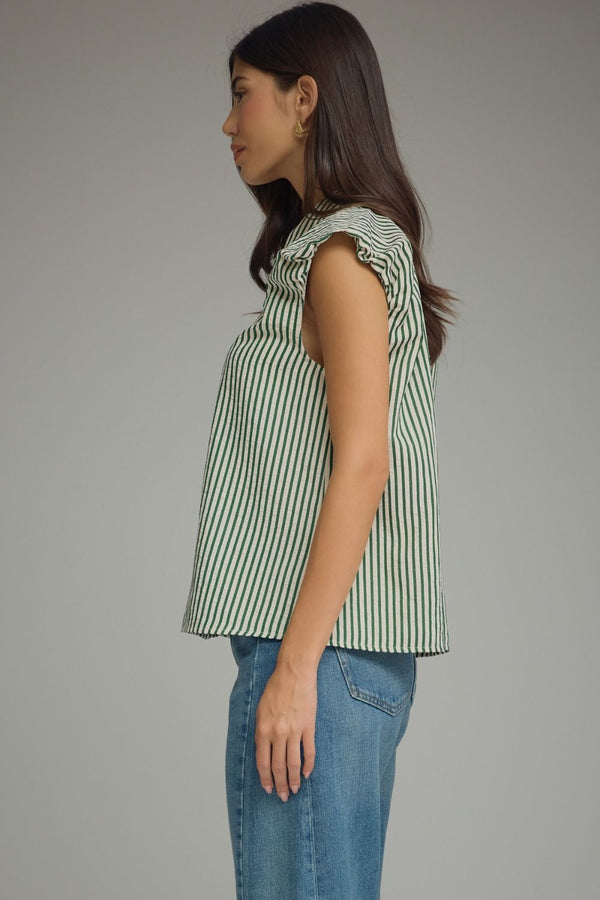 Olive Stripe Cap Sleeve Top w Ruffle Trim Sleeves