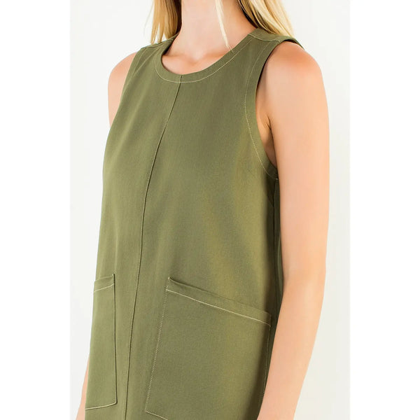 Olive Sleeveless Dress with Pockets