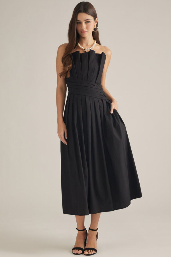 Solid Black Strapless Midi Dress featuring Pleated Bodice