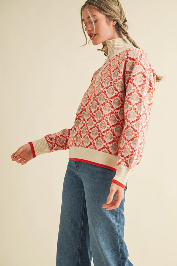 Floral Mock Neck Half Zip Pullover: Cream Orange