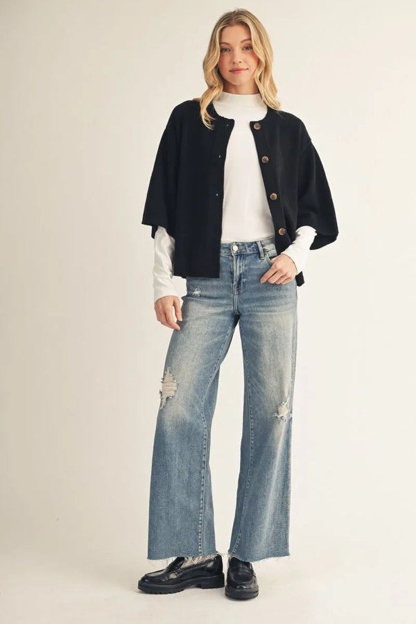 Black Drop Shoulder 3/4 Sleeves Button Down Cardigan