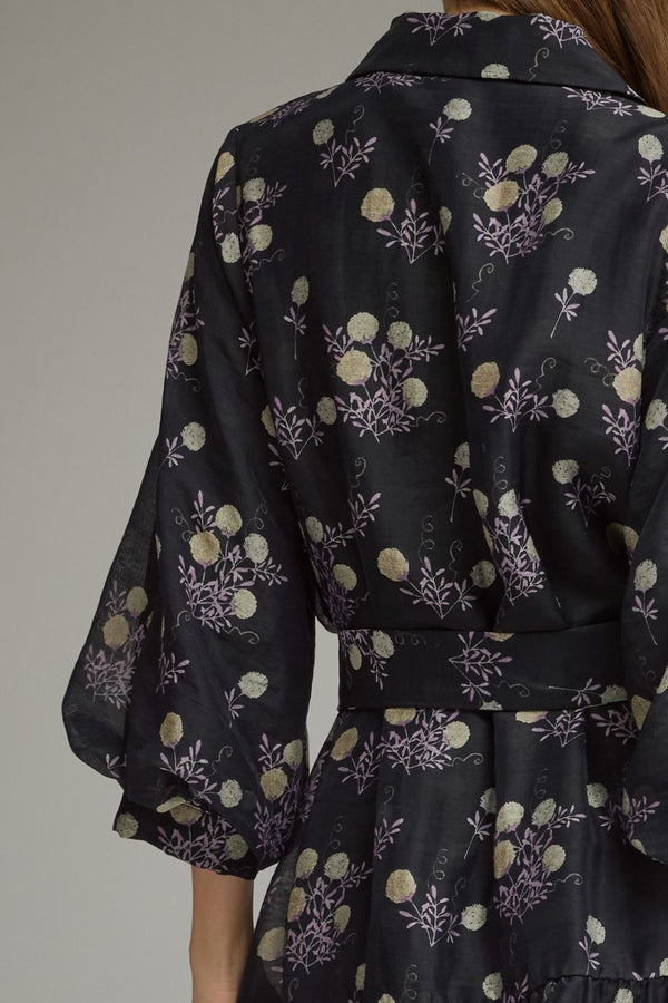 Lined Black & Purple Floral Print ¾ Balloon Sleeve Mini Dress