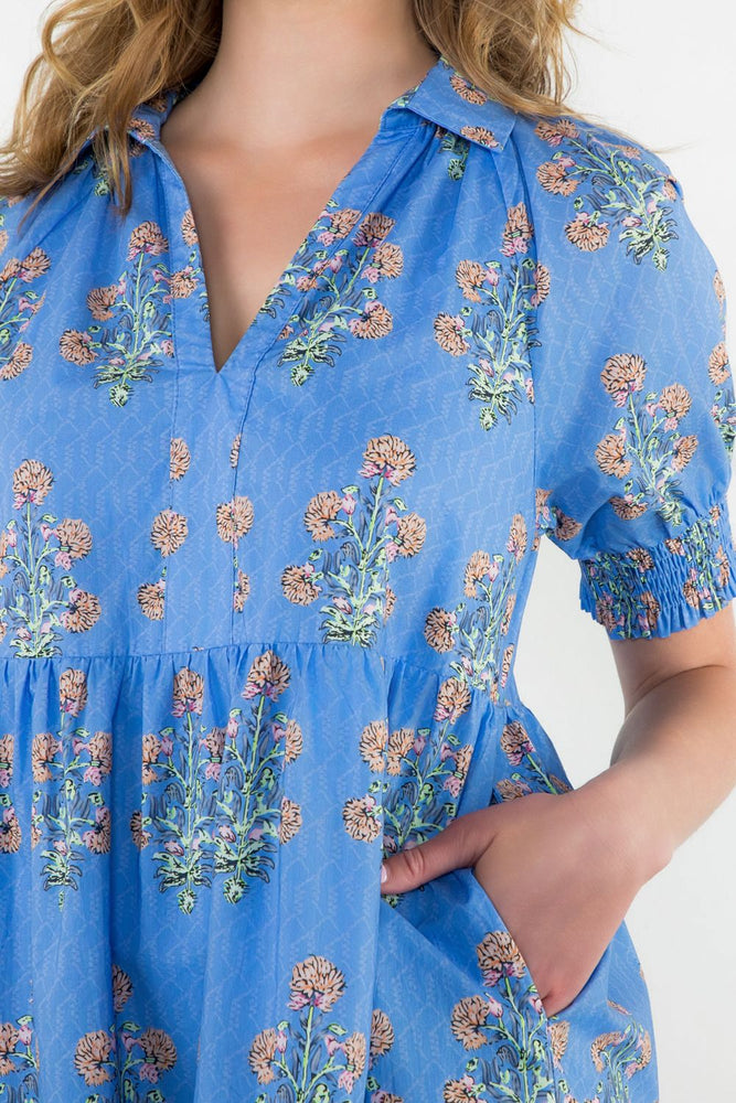 Blue Puff Sleeve Floral Dress