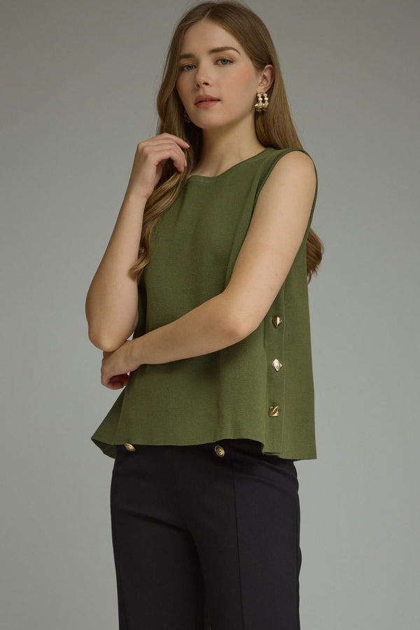 Olive Solid Sleeveless Knit Top Featuring Side Button Closure
