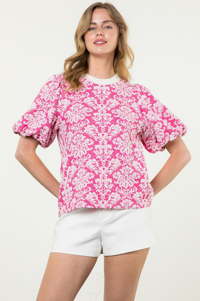 Puff Sleeve Textured Top - Pink