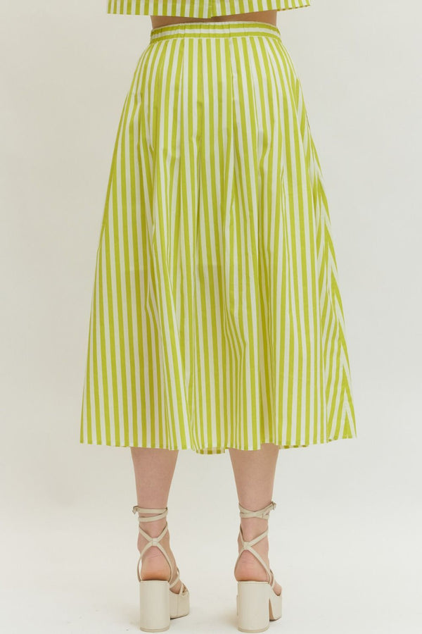 Lime Striped Midi Skirt w Elasticated Waistband