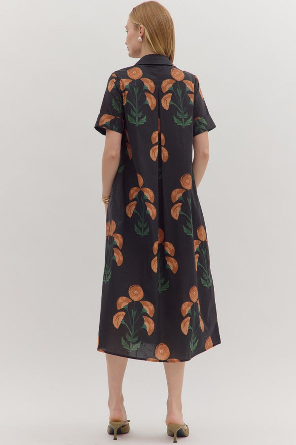 Black Floral Print Short Sleeve Midi Dress
