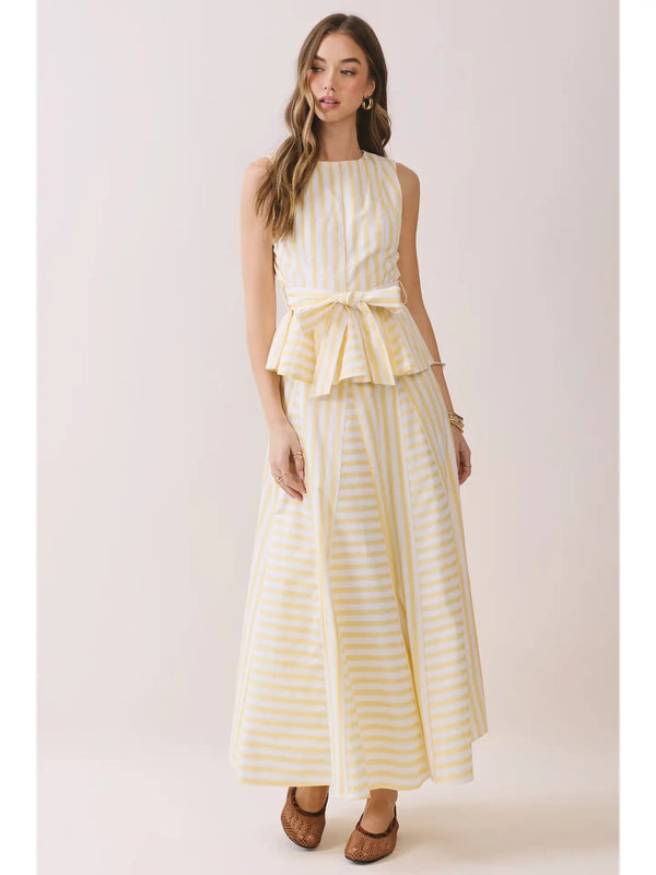 Yellow Striped Paneled Construction A Line Midi Skirt