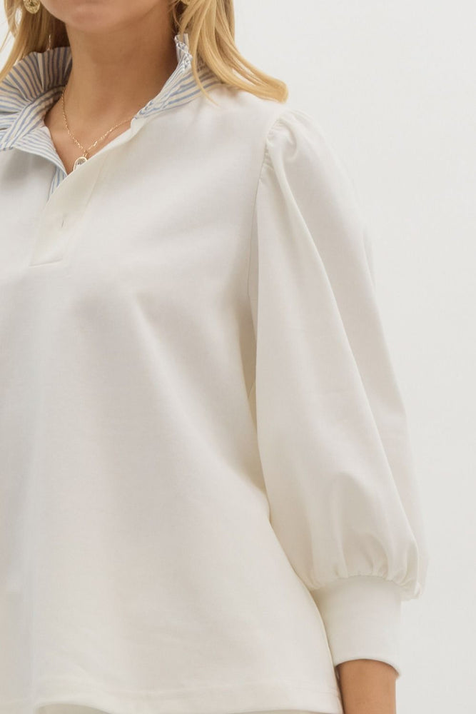 White Popover Top with Chambray Stripe Collar