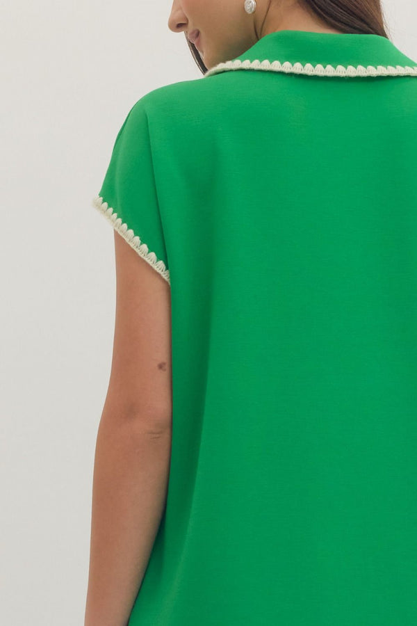 Green Solid Cap Sleeve Midi Dress w Contrast Scallop Trim