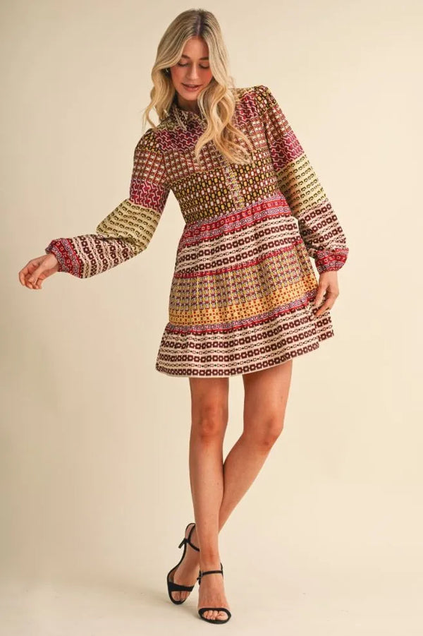 Purple & Olive Border Print Button Down Mini Dress