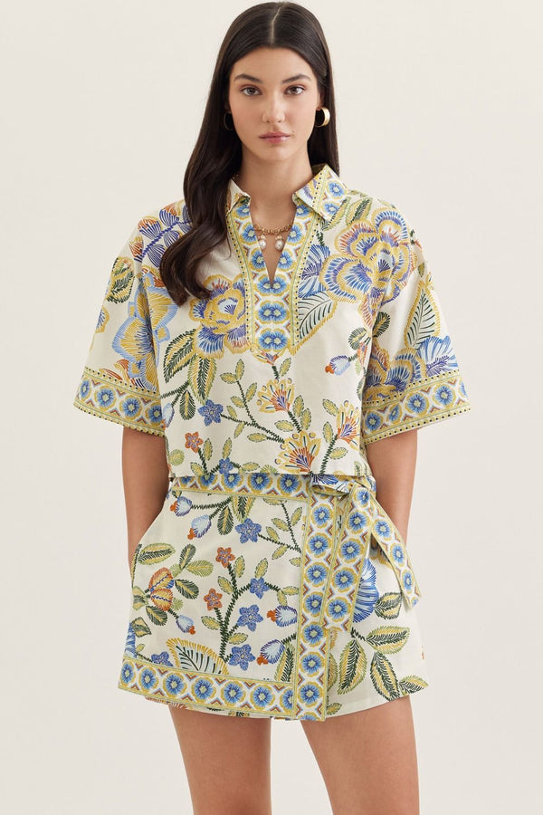 Lt Blue Mix Botanical Print Short Sleeve Top