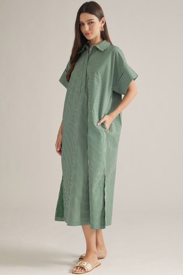 Green Stripe Shirt-Style Midi Dress featuring Side Slits