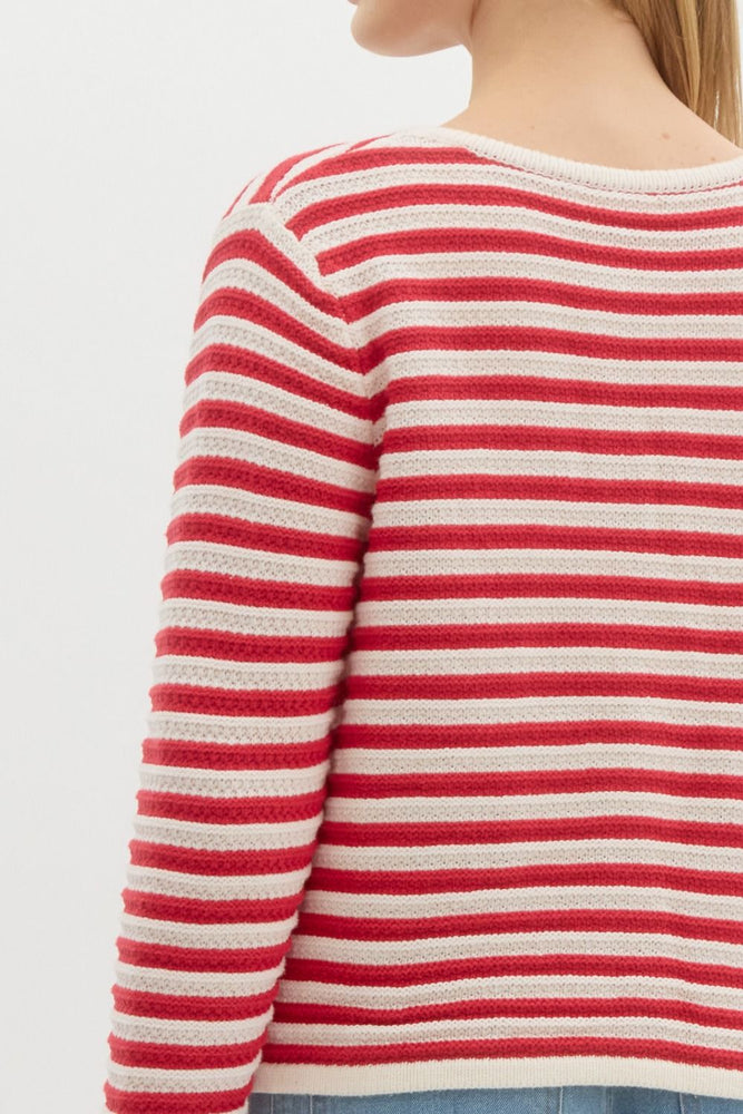 Red Striped Sweater Knit Cardigan