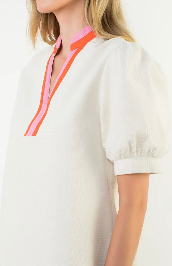 Puff Sleeve Textured V-Neck Top - Cream