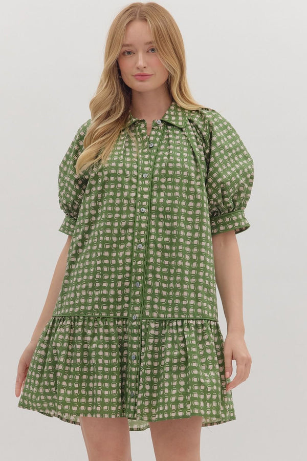Olive Geometric Print Short Puff Sleeve Mini Dress