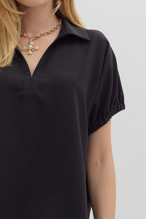Solid Black Short Sleeve Split Collar