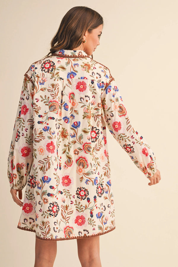 Cream Blanket Stitch Buttoned Mini Dress