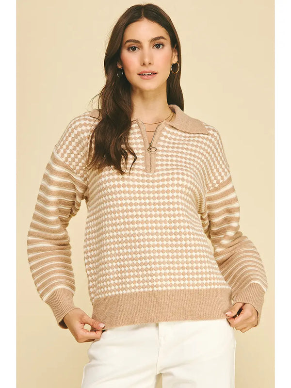 Mixed Pateern Quarter-Zip Knit Sweater | Oatmeal