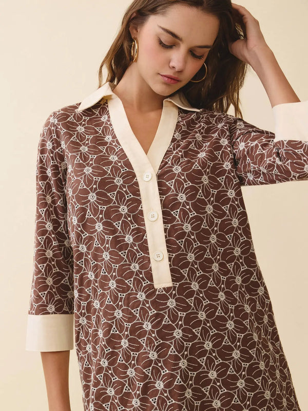 Brown Floral Print Contrast Collar and Hem Tunic Dress