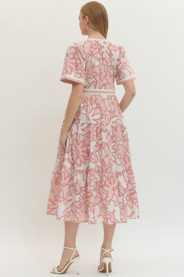 Pink Printed Short Sleeve Midi Dress w V-neck