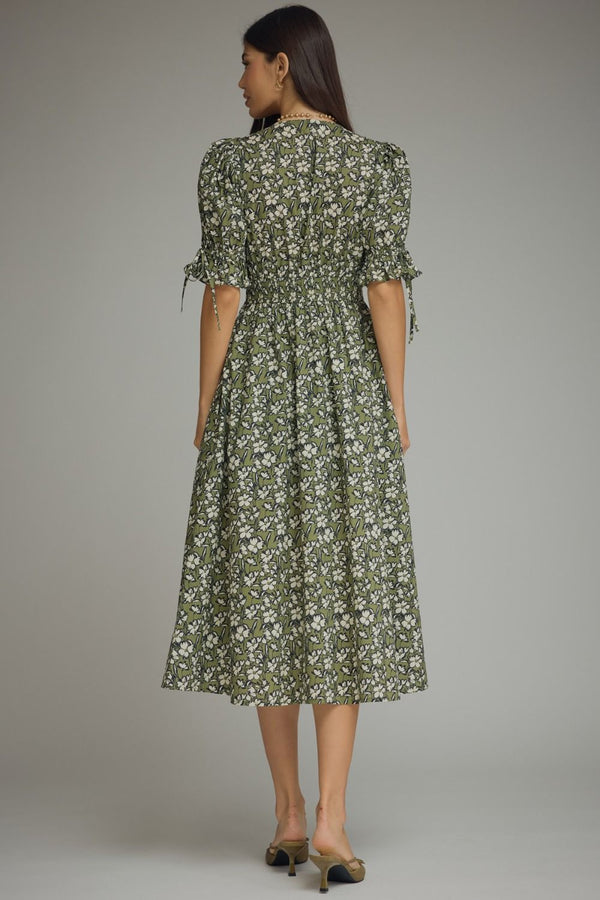 Olive Floral Print Puff Sleeve Midi Dress w Front Zipper Closure