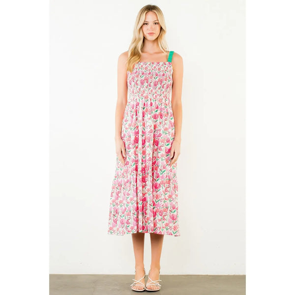 Pink Floral Print Smocked Bodice Tiered Maxi Dress