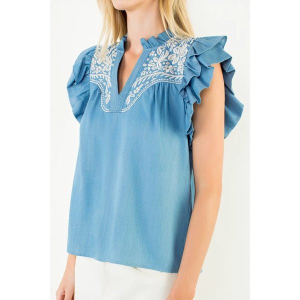 Ruffle Sleeves Light Blue Embroidery Detail Top