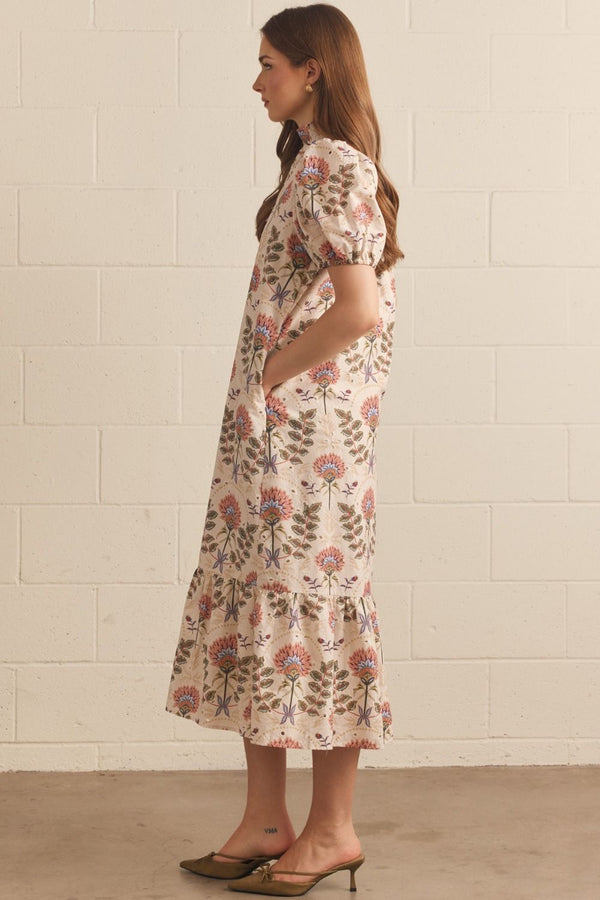 Eyelet Floral Print Puff Sleeve Midi Dress Featuring Ruffle Neck Detail