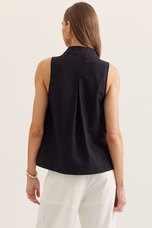 Solid Black Sleeveless Top Featuring Split V-neck