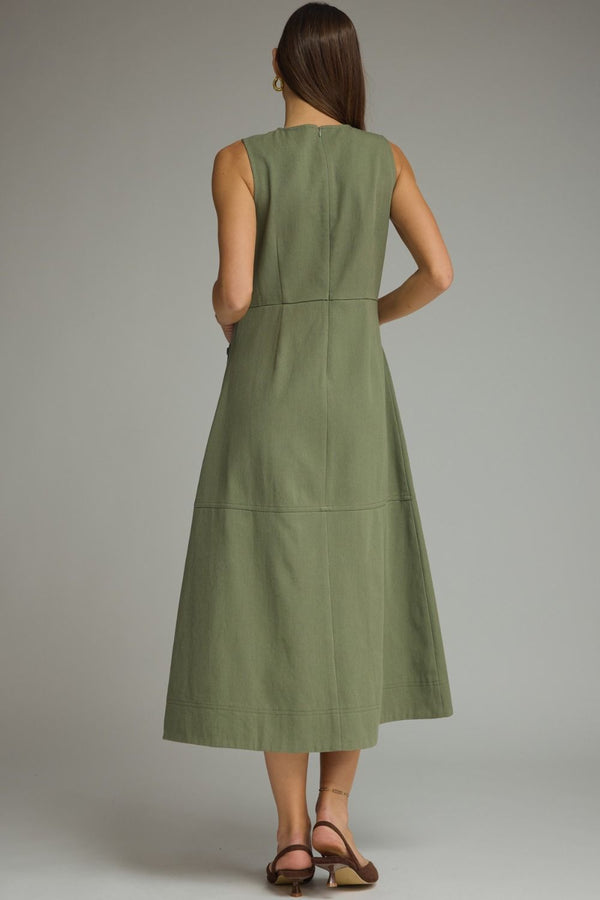 Olive Sleeveless Midi Dress w Horsebit Accent Detail
