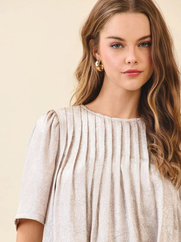 Pleated Short Silver Metallic Top