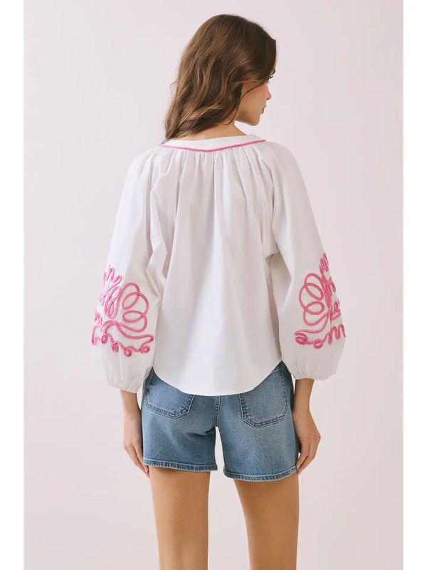 Bold Pink Embroidery Voluminous Puff Sleeves Blouse
