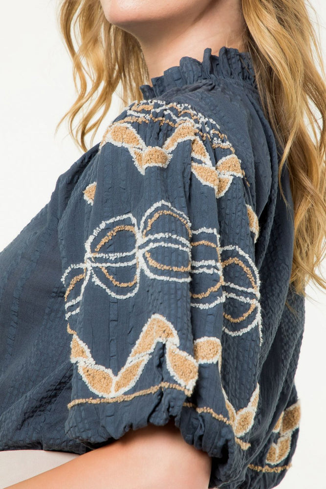 Hand Embroidered Sleeve Top Denim Blue