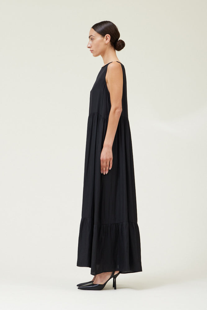 BLACK SATIN TIERED MAXI DRESS