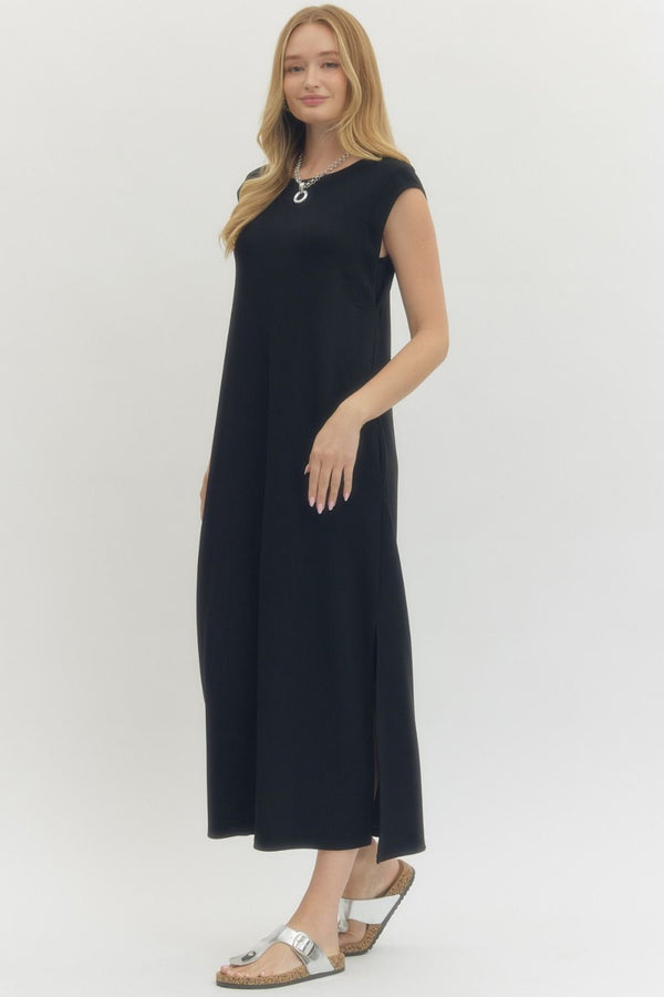 Solid Black Jersey Knit Pullover Midi Dress