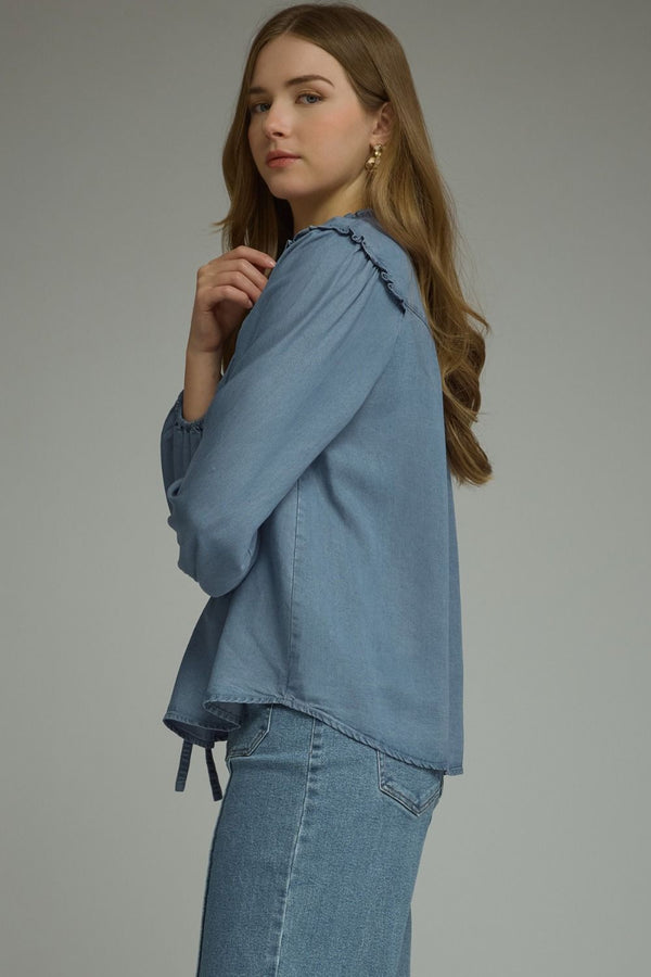 Long Sleeve Denim Top featuring Ruffled Trim
