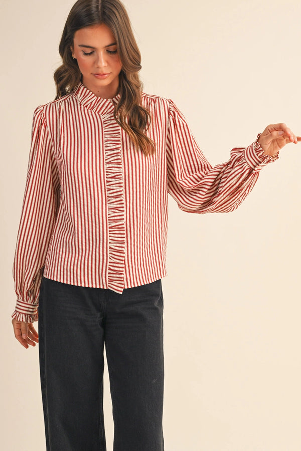 Red Striped Ruffled Button Down Long Sleeve