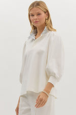 White Popover Top with Chambray Stripe Collar